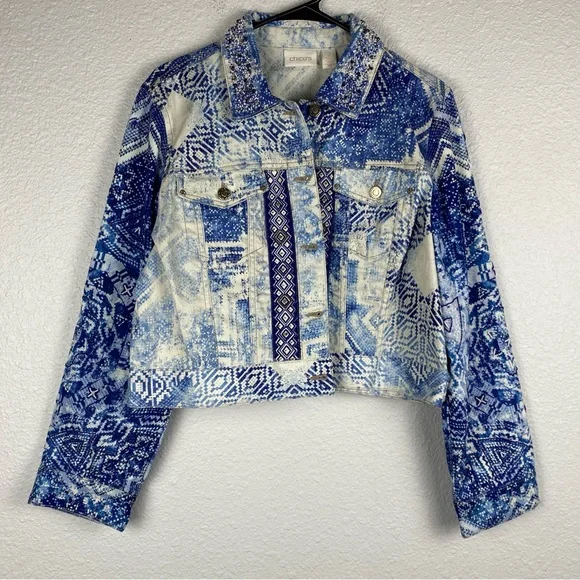 Chico's beaded artisan mixed-print cropped denim jacket blue & white Sz 2 (L/12) - Picture 5 of 15